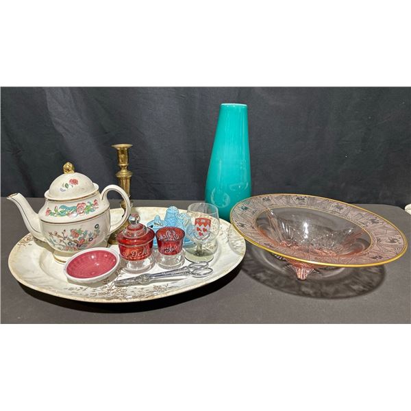 Decorative Tableware and Collectibles – Teapot, Pink Glass, Platter 