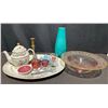 Image 1 : Decorative Tableware and Collectibles – Teapot, Pink Glass, Platter 