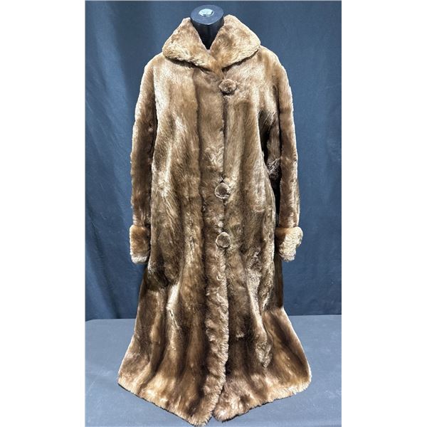 Full-Length Brown Fur Coat with Floral Lining and Monogram
