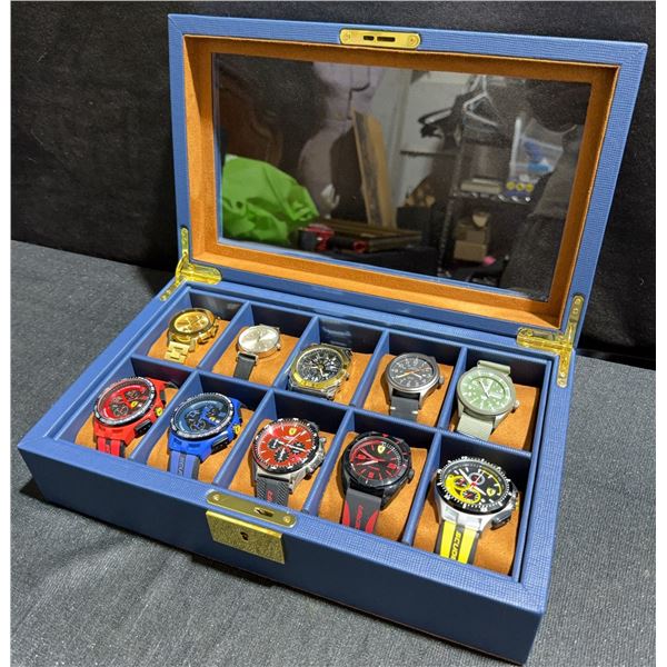 10 Men's Wristwatches Including Ferrari, Timex in Display Case
