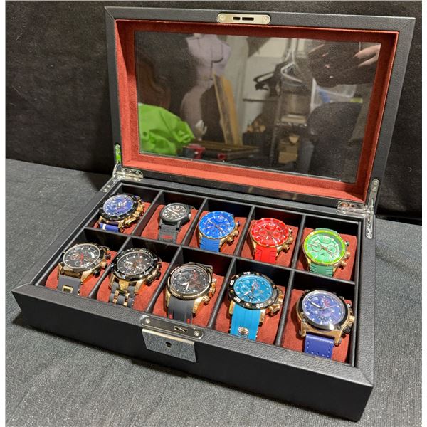 10 Assorted LIGE and Timex Wristwatches in Display Case