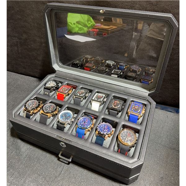 12 Men's Wristwatches in Display Case