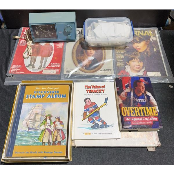 Collectibles: Stamp Album, Books, Vintage RCA Clock, Crystal Figurines