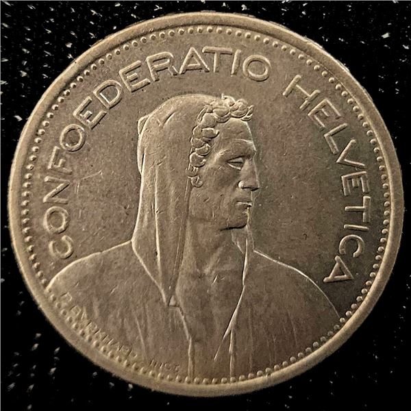 1954 Swiss 5 Franc Coin, Sterling Silver, Confederatio Helvetica, 92.5% Silver Content