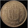 Image 2 : 1954 Swiss 5 Franc Coin, Sterling Silver, Confederatio Helvetica, 92.5% Silver Content