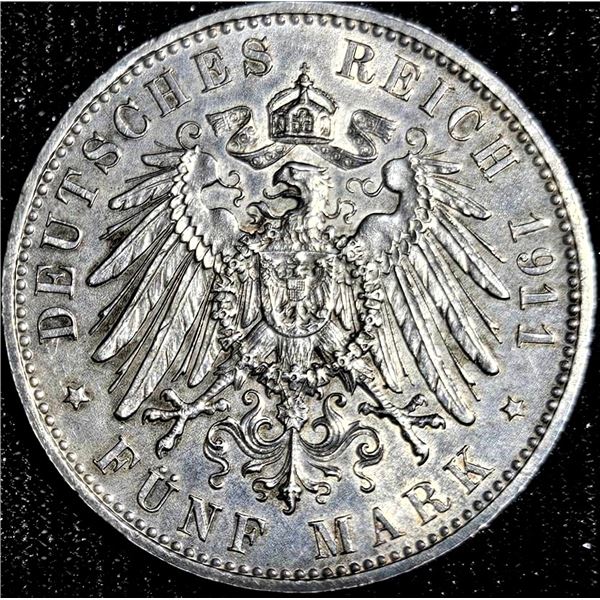 .925 Sterling Silver 1914 German Empire 1 Mark Coin, Luitpold Prince Regent Bavaria
