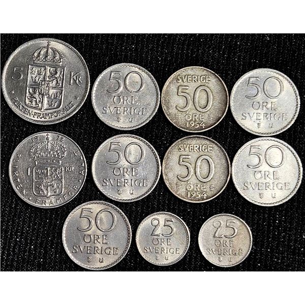 Sweden Coin Lot 5 Kronor 1971, 1 Krona 1972, 50 Öre, 25 Öre Mixed Years Gustav VI Adolf