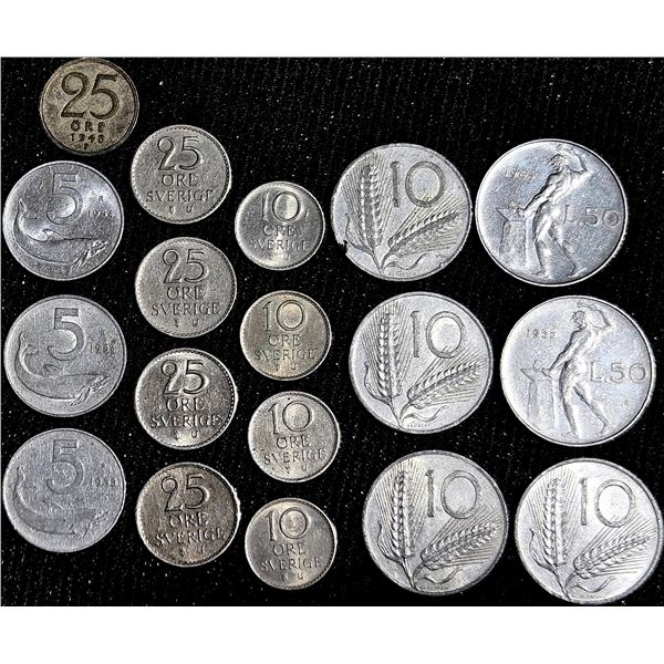 17 Coins From Sweden and Italy, Various Denominations