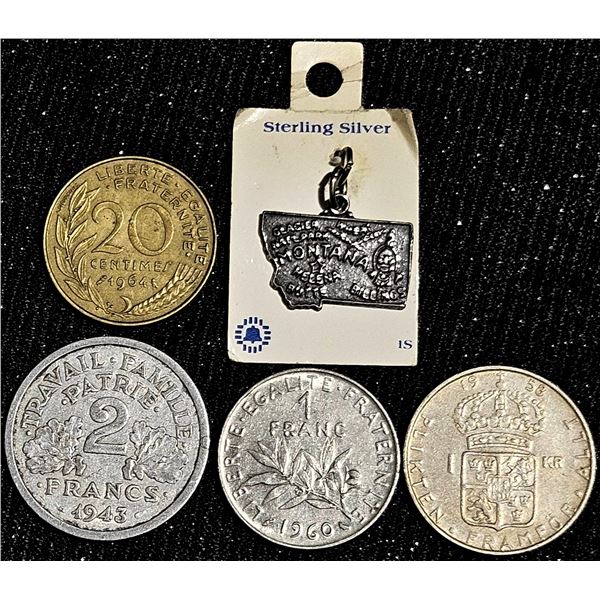 4 French and 1 Swedish Coins with Sterling Silver Montana State Charm