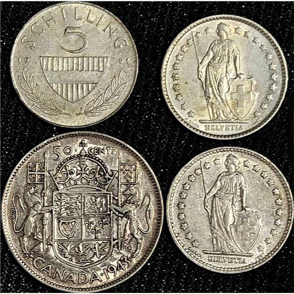 World Coin Group: 1943 Canada 50 Cent Silver, Swiss 1 Franc 1952 & 1963, Austria 5 Schilling