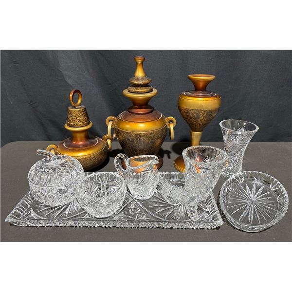  Cut Glass Crystal Tableware Pieces and Decorative Wooden Urns 