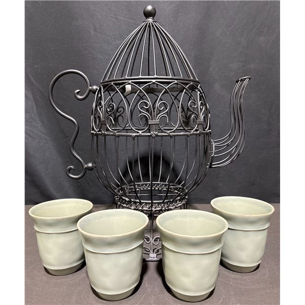 Decorative Wire Teapot Cage With Four Ceramic Mugs