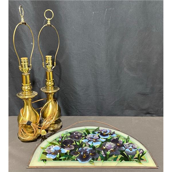 Brass Table Lamp Bases and Floral Stained Glass Panel