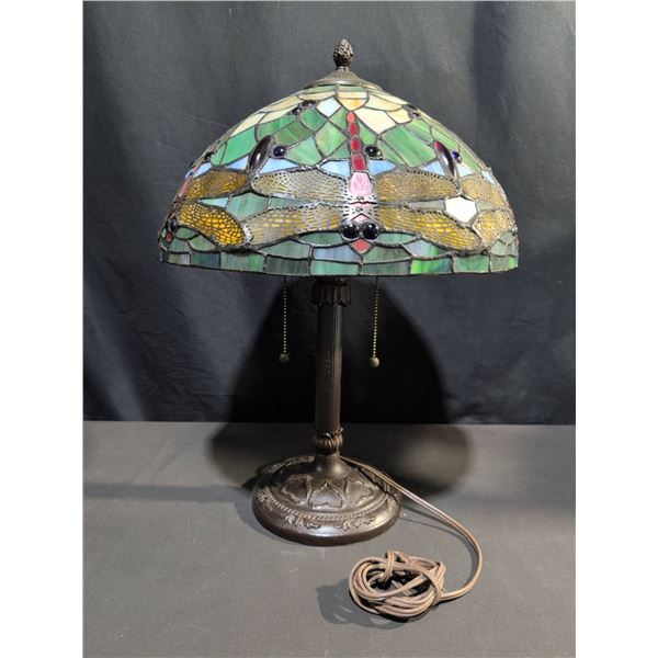 Stained Glass Dragonfly Table Lamp with Cast Metal Base, Tested and Working, No Bulbs Included