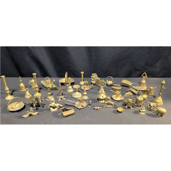 Brass Miniatures Including Animals, Candlesticks, Bells, Irons, and Trinkets