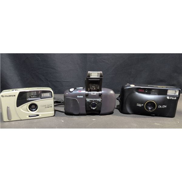 3 Film Cameras: Fujifilm Clear Shot 20 Auto, Kodak, Fuji DL-25N with Cases