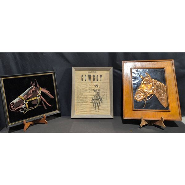 3 Western Art Pieces: Horse Relief Plaque, Velvet Horse, Cowboy Print