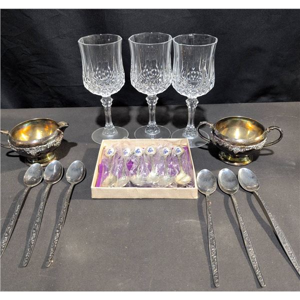 Crystal Glasses, Silverplate Spoons, and F.B. Rogers EPNS Silverplate Creamers