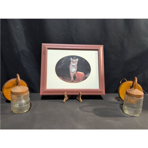 Framed Cougar Wildlife Print and Pair of Glass and Wood Wall Sconces