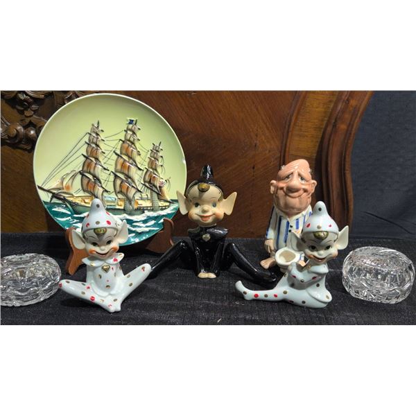 6 Japan-Marked Figural Ceramic Figurines, 2 Cut Glass Dishes, Plate 5955