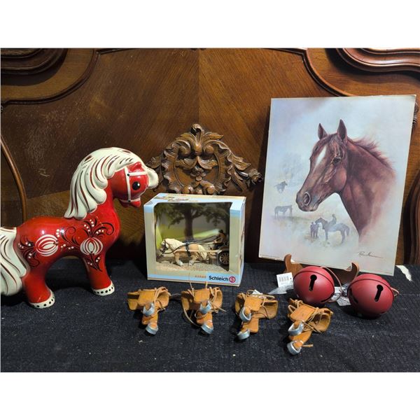 Horse Figurine Lot: Schleich 42040 Set, Red Ceramic, Ruane Manning Print, Bells, Saddles