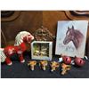 Image 1 : Horse Figurine Lot: Schleich 42040 Set, Red Ceramic, Ruane Manning Print, Bells, Saddles