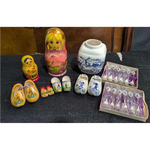 Dutch Themed Souvenirs and Russian Nesting Dolls, Spoons, Forks, Wooden Clogs