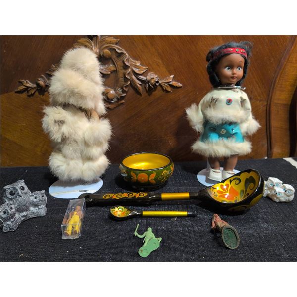 Inuit And Indigenous Style Dolls With Real Rabbit Fur, Russian Lacquerware, Figurines