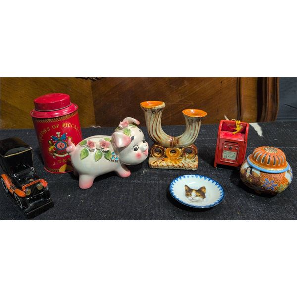 Decorative Ceramics, Tin Tea Canister, Piggy Bank, Cat Plate, And Banks