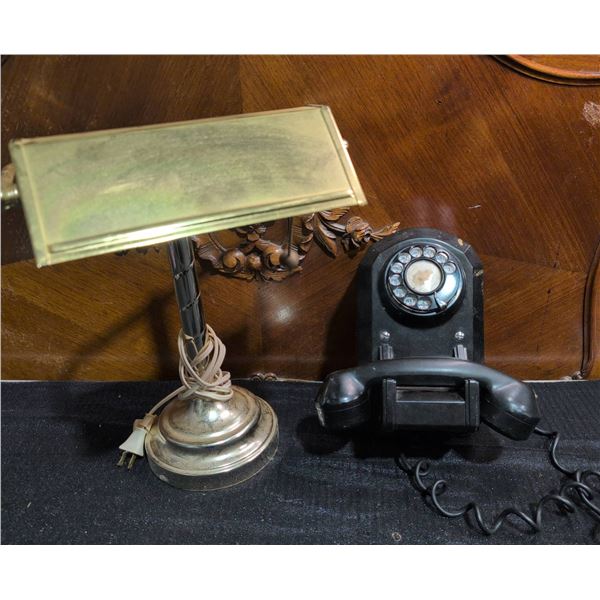 Brass Desk Lamp With Pull Chain and Black Rotary Wall Telephone