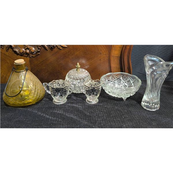 Glassware Lot: Amber Bee Jar, Creamer Set, Crystal Dish, Bowl, Swirl Vase