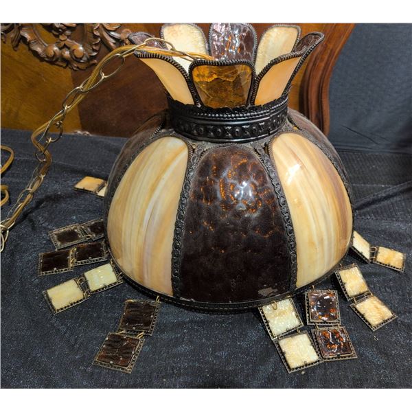 Stained Glass Hanging Lamp With Brown and Cream Slag Glass Panels and Metal Trim