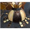 Image 1 : Stained Glass Hanging Lamp With Brown and Cream Slag Glass Panels and Metal Trim