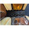Image 8 : Stained Glass Hanging Lamp With Brown and Cream Slag Glass Panels and Metal Trim