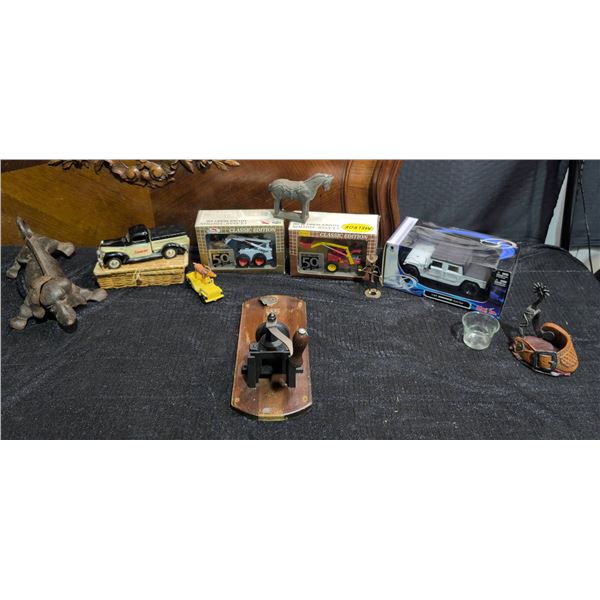 Lot: Diecast Vehicles, Metal Dog Box, Manual Grinder, Spur, Horse, Plastic Figures