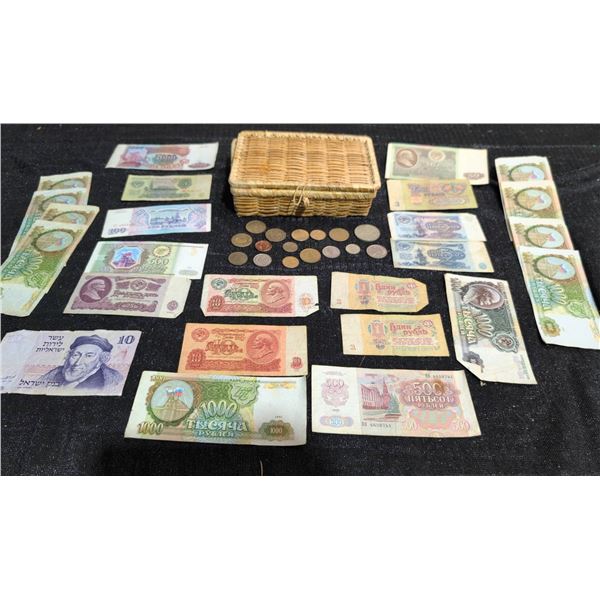 Soviet-Era Banknotes, Coins and Wicker Basket