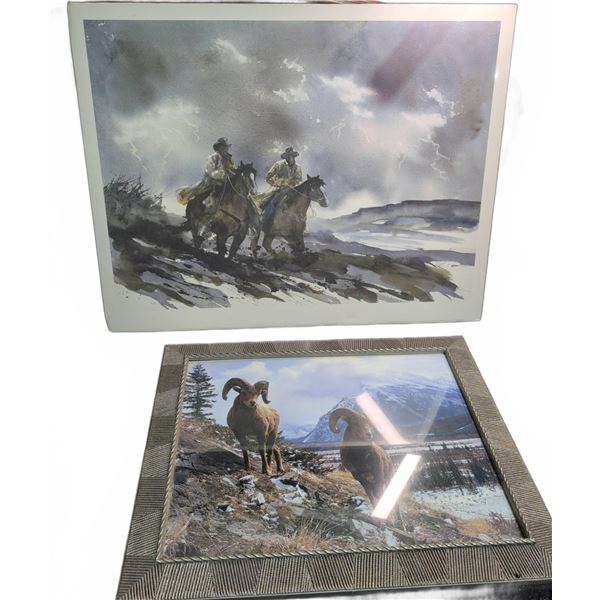 Art Prints: Western Cowboys on Horses & Framed Bighorn Sheep Scene