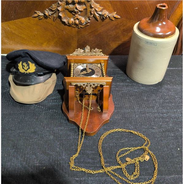 Wall Clock With Ornate Detailing, Imperial Jug, and Naval Cap Lot