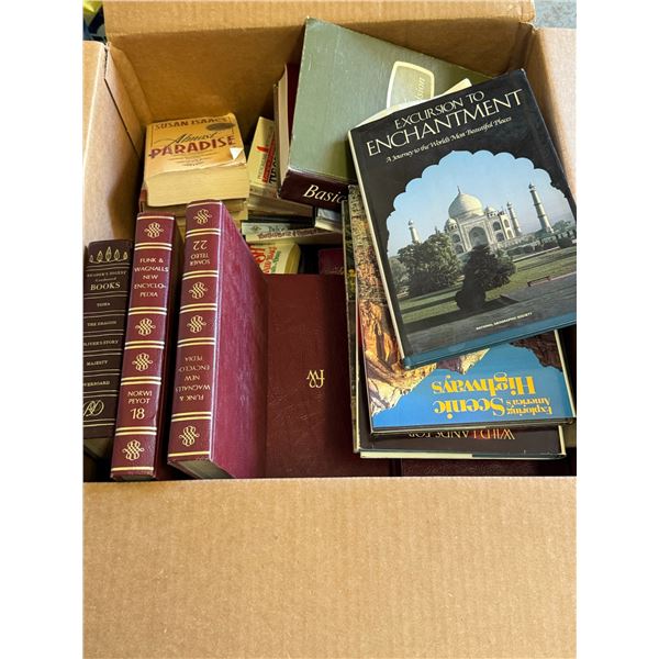 Box Lot of Mixed Books Including Encyclopedias, Cookbooks, and Travel Guides