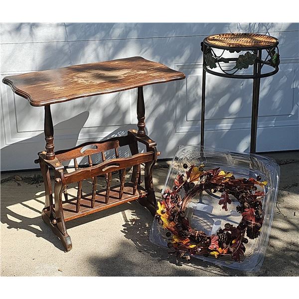Wooden Magazine Rack Table, Metal Plant Stand, and Autumn Wreath Lot