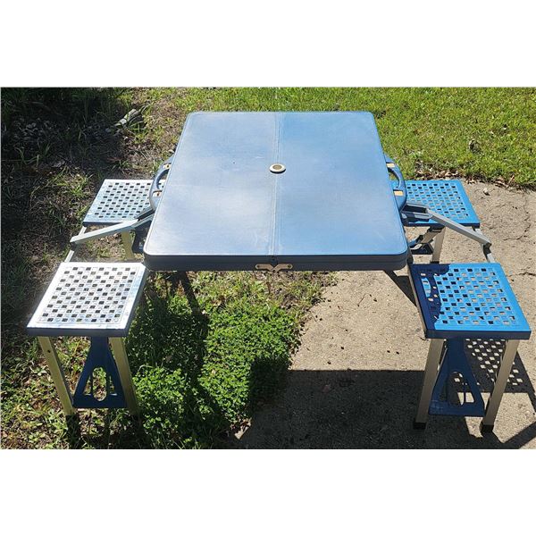 Blue Folding Picnic Table with Four Attached Seats