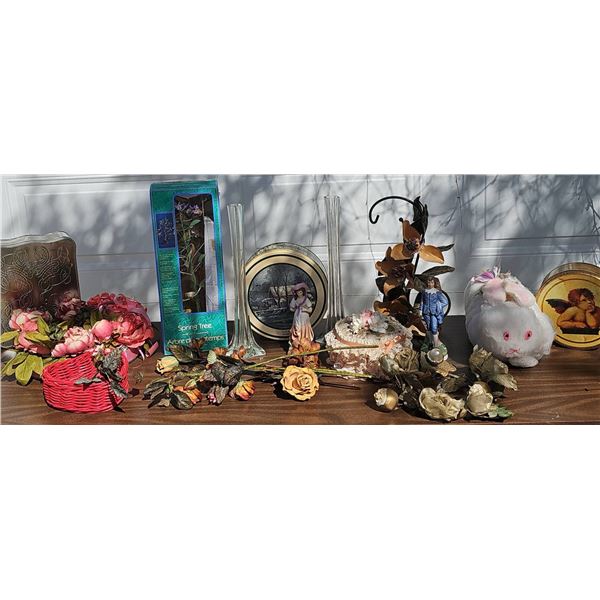 Decorative Lot: Faux Flowers, Figurines, Plush Bunny, Spring Tree Kit, Metal Tin