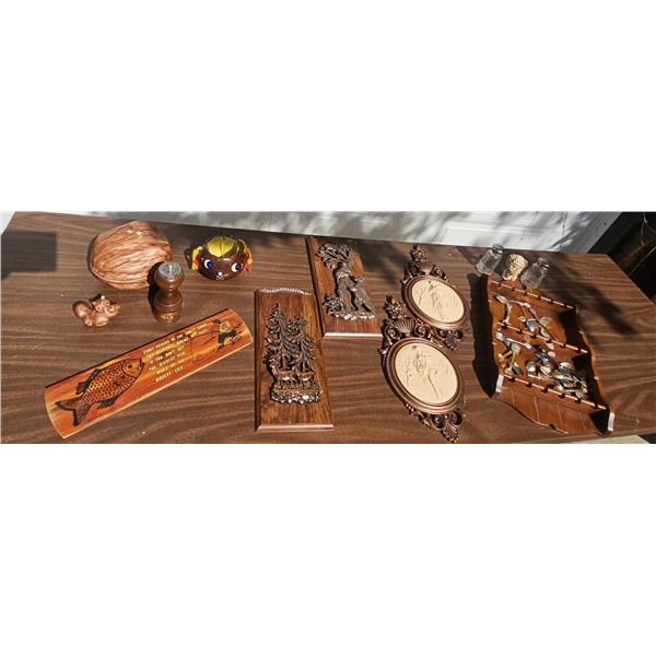 Decorative Wooden and Metal Wall Plaques, Spoon Collection, and Novelty Items