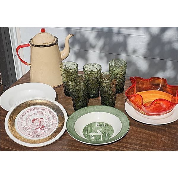 Lot: Enamel Coffee Pot, Glasses, Plates, and Commemorative Dish