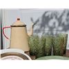Image 5 : Lot: Enamel Coffee Pot, Glasses, Plates, and Commemorative Dish