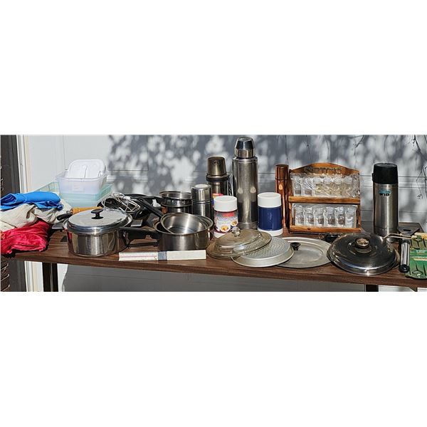Kitchenware Lot with Cookware, Spice Rack, Thermoses, and Containers