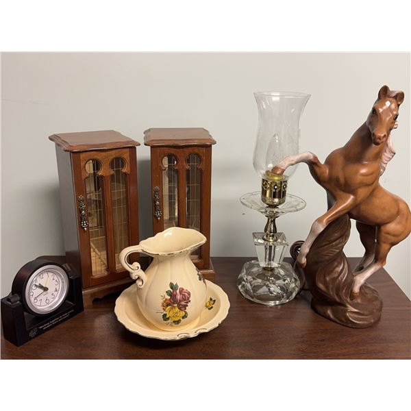 Decorative Lot: Horse Figurine, Pitcher and Bowl, Oil Lamp, Clock, and Display Cabinets