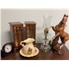 Image 1 : Decorative Lot: Horse Figurine, Pitcher and Bowl, Oil Lamp, Clock, and Display Cabinets