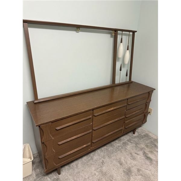 Mid-Century Modern Dresser with Mirror and Integrated Pendant Lights