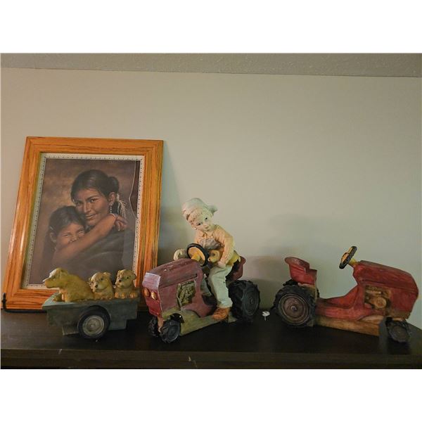 Framed Portrait Print and Tractor Figurine Set with Dog Trailer